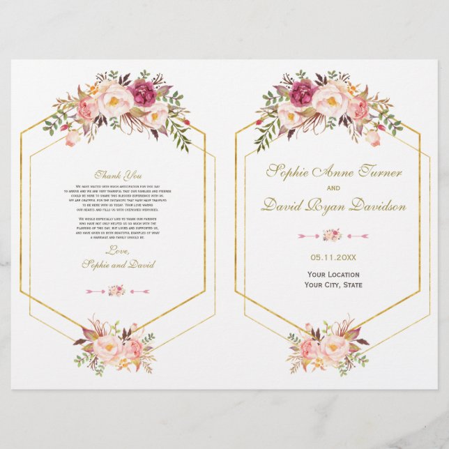 Glam Pink Blush Floral Gold Frame Wedding Program (Front)