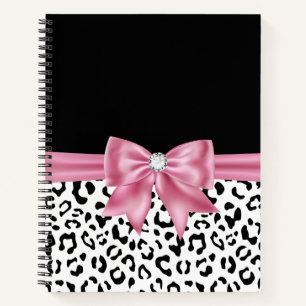 Glam Pink Bow Diamond Black Snow Leopard Notebook