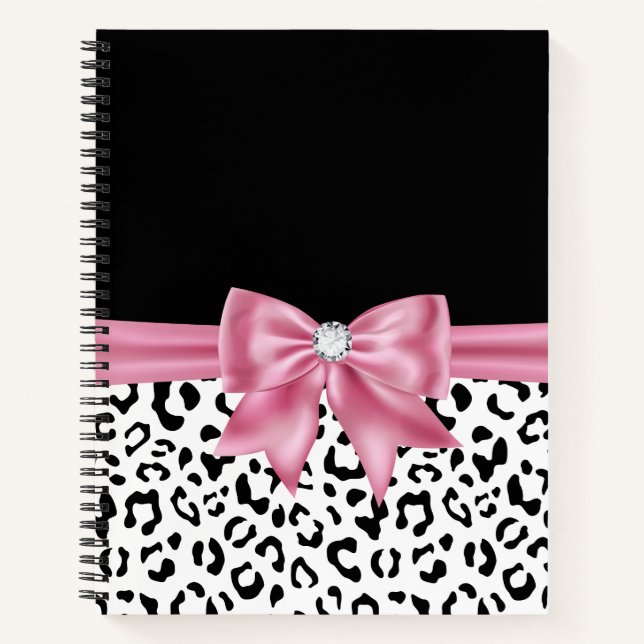 Glam Pink Bow Diamond Black Snow Leopard Notebook (Front)
