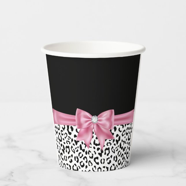 Glam Pink Bow Diamond Black Snow Leopard Paper Cups (Back)