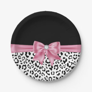 Glam Pink Bow Diamond Black Snow Leopard Paper Plate