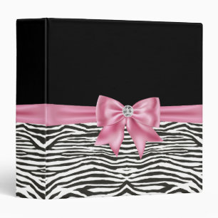 Glam Pink Bow Diamond Zebra Print Black Binder