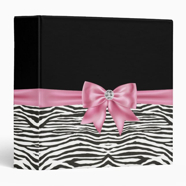 Glam Pink Bow Diamond Zebra Print Black  Binder (Front/Spine)