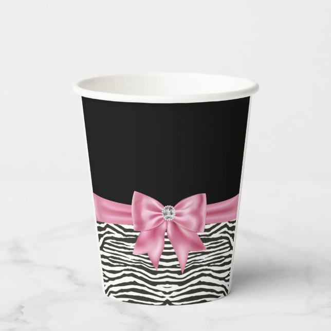 Glam Pink Bow Diamond Zebra Print Black  Paper Cups (Back)