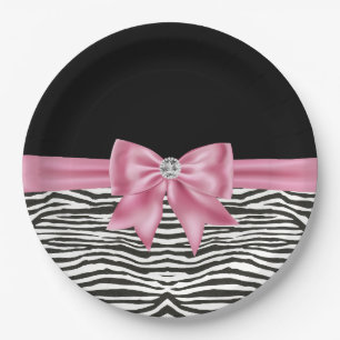 Glam Pink Bow Diamond Zebra Print Black  Paper Plate