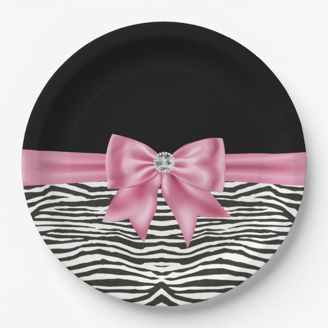 Glam Pink Bow Diamond Zebra Print Black  Paper Plate (Front)