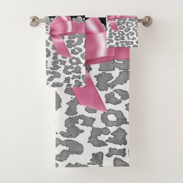 Glam Pink Bow-Grey Leopard-Silver Floral Sparkles Bath Towel Set (Insitu)
