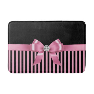 Glam Pink Bow-Pink Black Pinstripes-Black Bath Mat