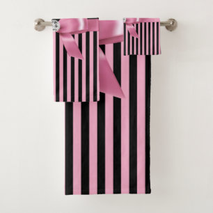 Glam Pink Bow-Pink Black Pinstripes-Black Bath Towel Set