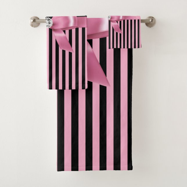 Glam Pink Bow-Pink Black Pinstripes-Black Bath Towel Set (Insitu)