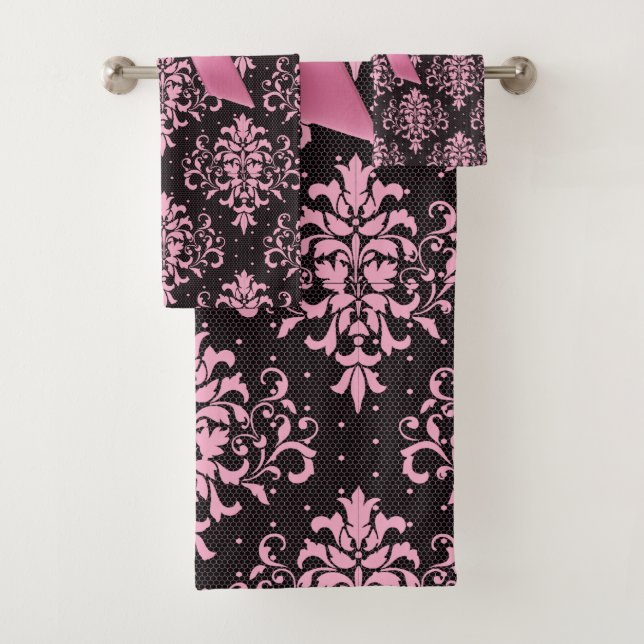 Glam Pink Bow-Pink Lace-Black Bath Towel Set (Insitu)