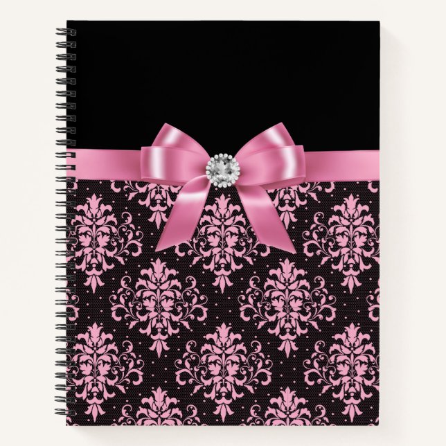 Glam Pink Bow-Pink Lace-Black Notebook (Front)