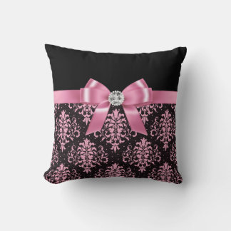 Glam Pink Bow-Pink Lace-Black Throw Pillow