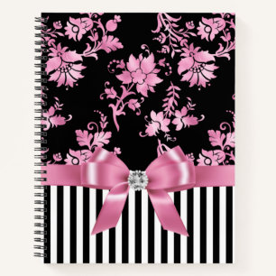 Glam Pink Bow-Pink Stencil-Black White Pinstripes Notebook