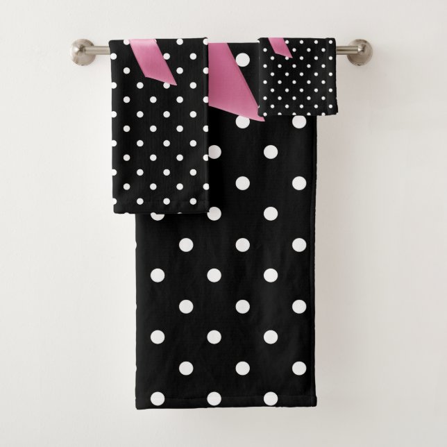 Glam Pink Bow-White Polka Dots-Black Bath Towel Set (Insitu)