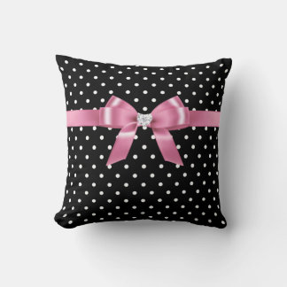 Glam Pink Bow-White Polka Dots-Black Throw Pillow