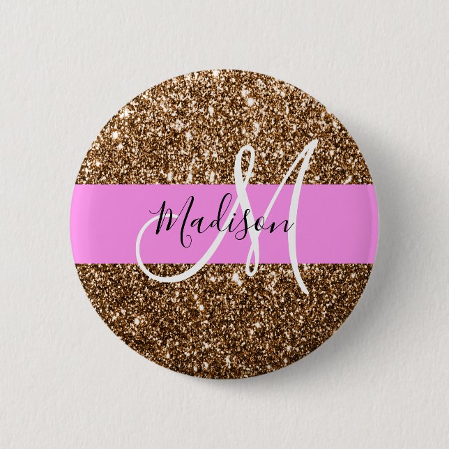 Glam Pink & Bronze Glitter Sparkles Monogram Name 2 Inch Round Button (Front)