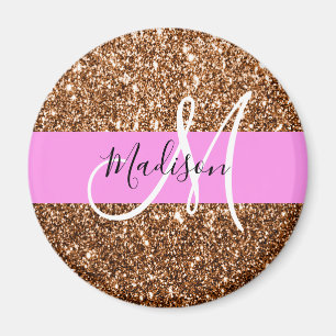 Glam Pink & Bronze Glitter Sparkles Monogram Name Magnet