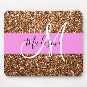 Glam Pink & Bronze Glitter Sparkles Monogram Name Mouse Pad