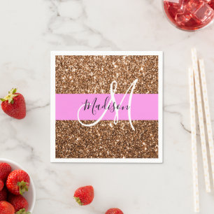 Glam Pink & Bronze Glitter Sparkles Monogram Name Napkin