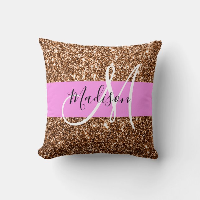 Glam Pink & Bronze Glitter Sparkles Monogram Name Throw Pillow (Front)
