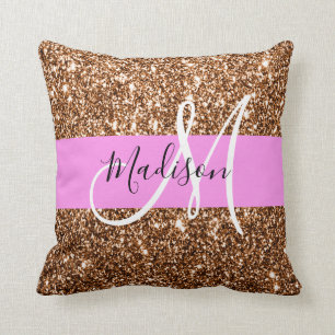 Glam Pink & Bronze Glitter Sparkles Monogram Name Throw Pillow