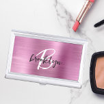 Glam Pink Brushed Metal Black White Monogram Business Card Holder<br><div class="desc">This trendy modern business card case features a monogram and first name in black and white script on a stylish pink faux brushed metal background.</div>