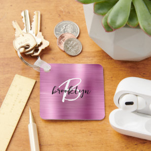 Glam Pink Brushed Metal Monogram Keychain