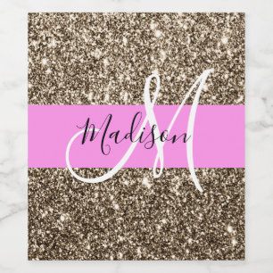 Glam Pink Champagne Gold Glitter Sparkle Monogram Wine Label