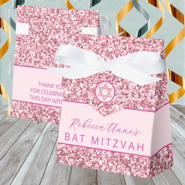 Glam Pink Chic Faux Glitter Bat Mitzvah Party Favor Box (These pink faux glitter Bat Mitzvah favor boxes are easy to personalize)
