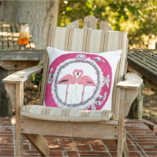 Glam Pink Christmas flamingos Outdoor Pillow