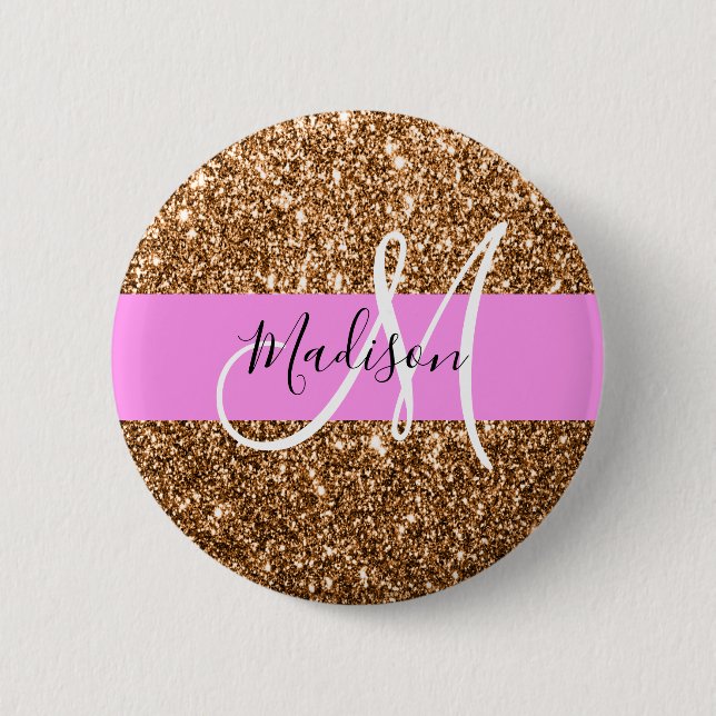 Glam Pink & Copper Glitter Sparkles Monogram Name 2 Inch Round Button (Front)