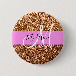Glam Pink & Copper Glitter Sparkles Monogram Name 2 Inch Round Button