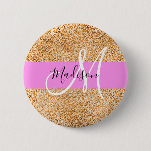 Glam Pink & Copper Glitter Sparkles Monogram Name 2 Inch Round Button