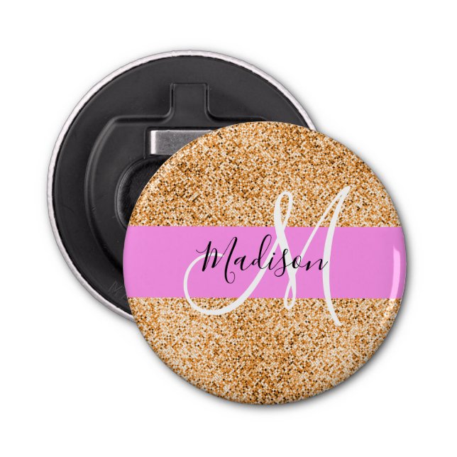 Glam Pink & Copper Glitter Sparkles Monogram Name Bottle Opener (Front)