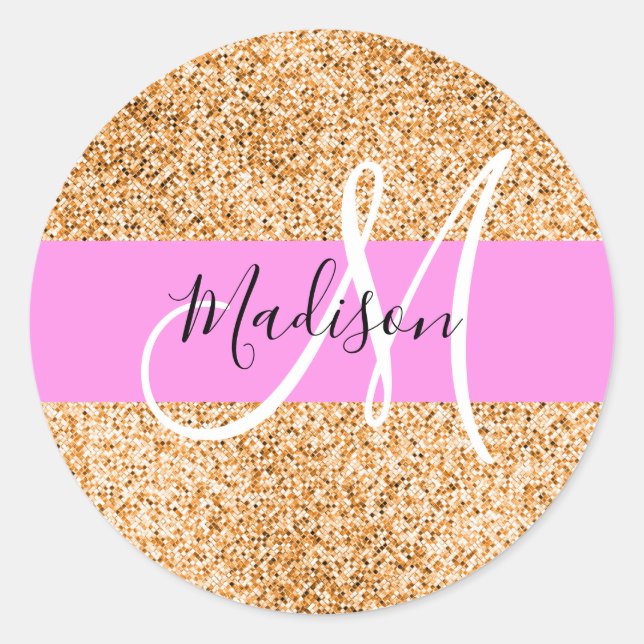 Glam Pink & Copper Glitter Sparkles Monogram Name Classic Round Sticker (Front)