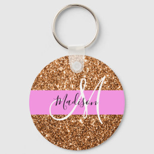 Glam Pink & Copper Glitter Sparkles Monogram Name Keychain
