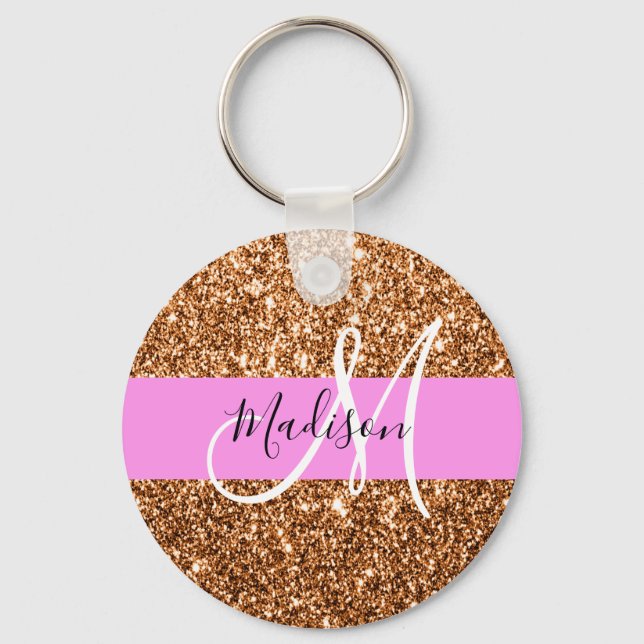 Glam Pink & Copper Glitter Sparkles Monogram Name Keychain (Front)