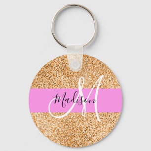 Glam Pink & Copper Glitter Sparkles Monogram Name Keychain