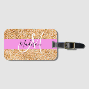 Glam Pink & Copper Glitter Sparkles Monogram Name Luggage Tag