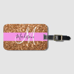 Glam Pink & Copper Glitter Sparkles Monogram Name Luggage Tag