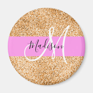 Glam Pink & Copper Glitter Sparkles Monogram Name Magnet