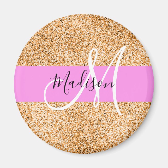 Glam Pink & Copper Glitter Sparkles Monogram Name Magnet (Front)
