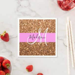 Glam Pink & Copper Glitter Sparkles Monogram Name Napkin