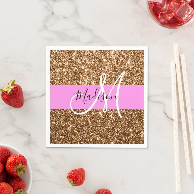 Glam Pink & Copper Glitter Sparkles Monogram Name Napkin (Insitu)