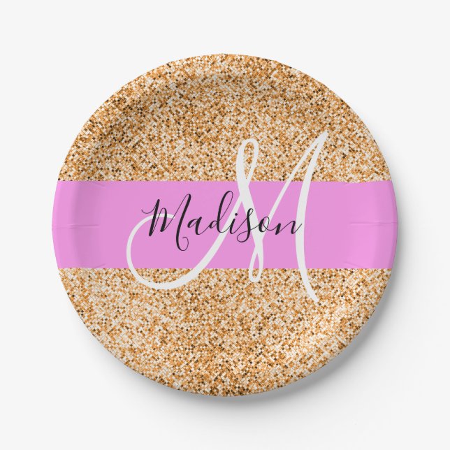 Glam Pink & Copper Glitter Sparkles Monogram Name Paper Plate (Front)