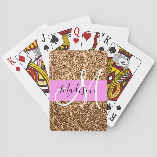 Glam Pink & Copper Glitter Sparkles Monogram Name Playing Cards (Back)