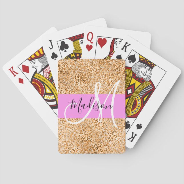 Glam Pink & Copper Glitter Sparkles Monogram Name Playing Cards (Back)