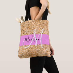Glam Pink & Copper Glitter Sparkles Monogram Name Tote Bag