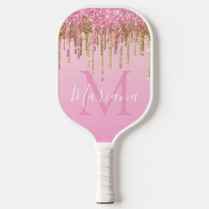 Glam Pink Dripping Gold Glitter Personalized Pickleball Paddle